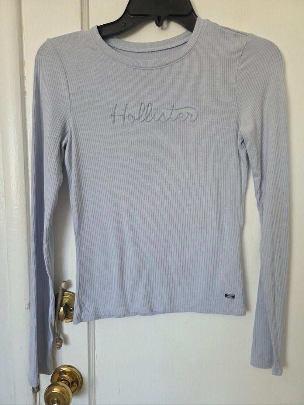 Hollister Light Baby Blue Long Sleeve Ribbed Crew Neck Top Medium